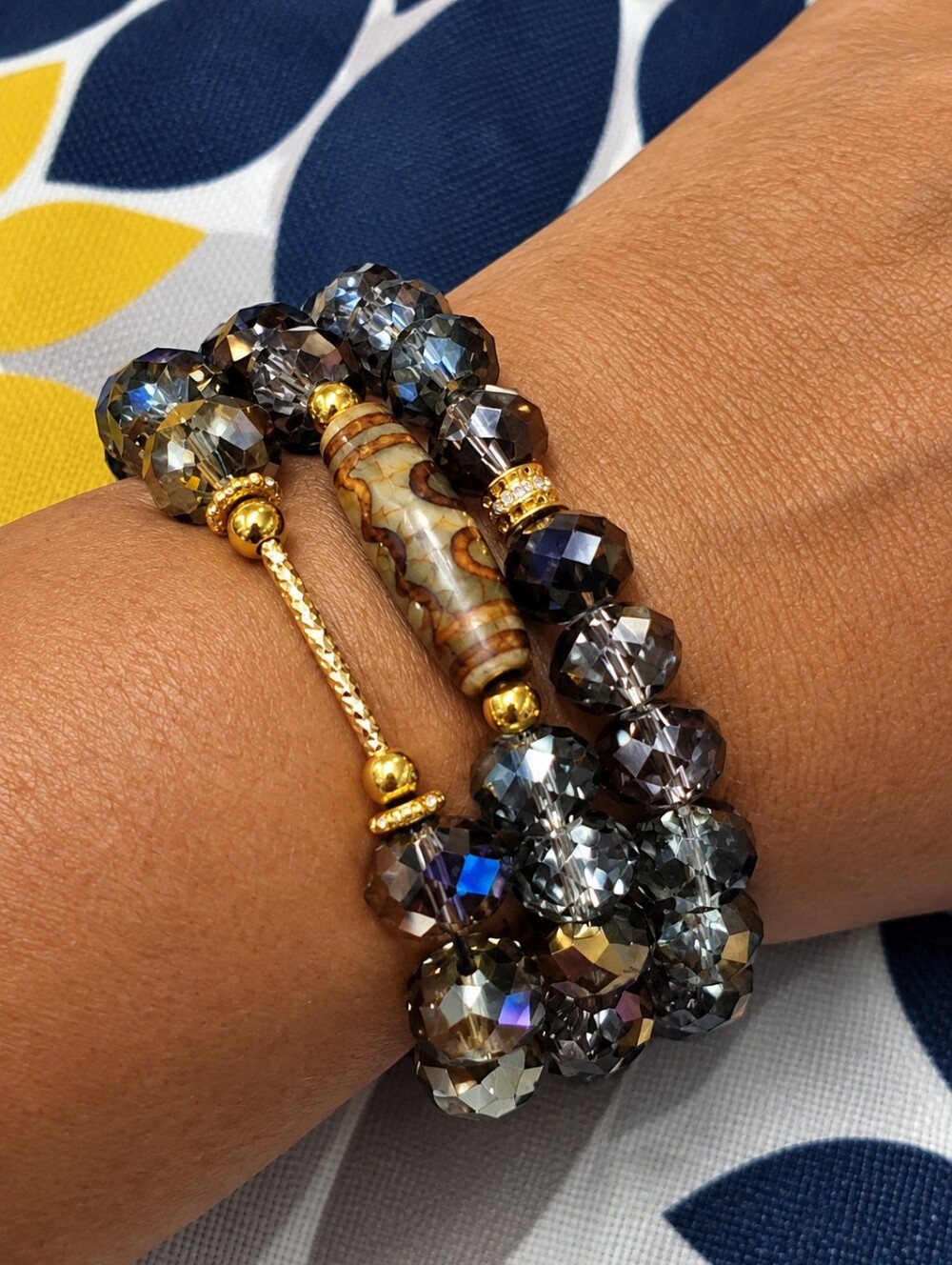 Smoky Crystal Beaded Stretch Bracelet with Gold Accents 3pc Set